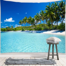 YISURE Tropical Paradise Beach Coconut Tree Tapestry, Large Sea Coast Natural Landscape Tapestry 305 x 230 cm, Blue Sky Ocean Tapestry for Bedroom