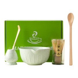 Matcha Tea Set with Whisk and Bowl, Bamboo Matcha Whisk Matcha Spoon Ceramic Matcha Whisk Holder Matcha Ceremony Kit(Light Green)