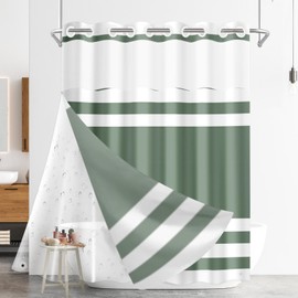 Nesphy No Hook Green Shower Curtain with Snap-in PEVA Liner Set, Waffle Weave Striped Pieced Hotel Style with See Through Top Window Double Layers Waterproof Bath Curtain 71x74 Inch