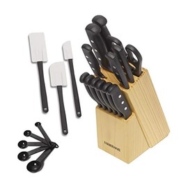 Farberware 22-Piece Never Needs Sharpening Triple Rivet High-Carbon Stainless Steel Knife Block and Kitchen Tool Set, Black, Durable ANDPrecision Cutlery