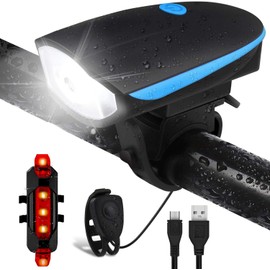 Salandens Luz Bicicleta Recargable USB, Linterna Bicicleta Impermeable con Luz 120 Decibel Bicicleta Campana, Luz LED Bicicleta para Carretera y Montaña - Seguridad para la Noche (Negro)