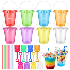 24 Pcs 86oz Colorful Drink Bucket, Colorful Plastic Summer Beverage Buckets with Straw and Scoops Disposable Iced Juices Coffee DIY Drinks Cups for Summer Beach, Pool, Birthday Parties