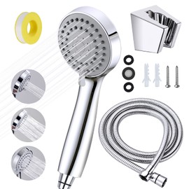 Senbaler Water-Saving Shower Head Universal with 1.55 m Stainless Steel Hose and Holder, Hand Shower Chrome, 3 Jet Types, High Pressure Rain Shower