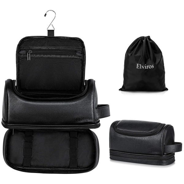 Elviros Water-Resistant Leather Toiletry Bag for Men Large Double-Layer Travel Wash Bag Shaving Dopp Kit Bathroom Gym Toiletries Makeup Organizer with Free Wet Dry Bag (Black)