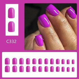 Short Press On Nails Square Fake Nails Full Cover Purple Solid Color False Nails With Nail Glue Glossy Glue On Nail Acrylic Manicure Artificial Nails For Women Girls 24pcs