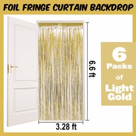 6 Pack 3.28x6.6 Ft Light Gold Tinsel Foil Fringe Curtains Party Decoration Backdrop, Streamers Curtains Backdrop for Photo Booth, Christmas, New Year Eve, Birthday, Disco, Event Party Supplies