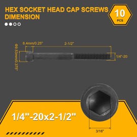 DTGN 1/4"-20x2-1/2" Socket Head Cap Screws Bolts - 10Pack - Good for Road Bicycle, Mountain Bike, Auto, Motorcycle - Carbon Steel Hex Head Metric Screws, Black