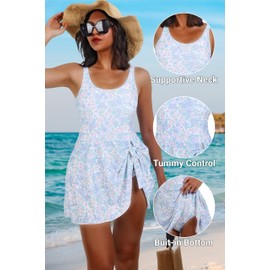 Babeeni 2025 One Piece Swimsuit Swimdress Women - Tummy Control, V Neck Bathing Suit, Adjustible Shoulder Straps Swimdress Flower