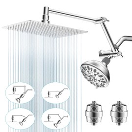 Filtered Shower Head Combo, 10" High Pressure Dual Rainfall Shower Head with 7-Setting Fixed Shower, 16" Adjustable Foldable Shower Extension Arm, 20 Stage Shower Filter, Chrome