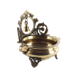 Two Moustaches Ethnic Carved 7 Inches Brass Decor Urli Bowl with Bell, Brass Urli for Home Decor, Antique, Standard, Pack of 1