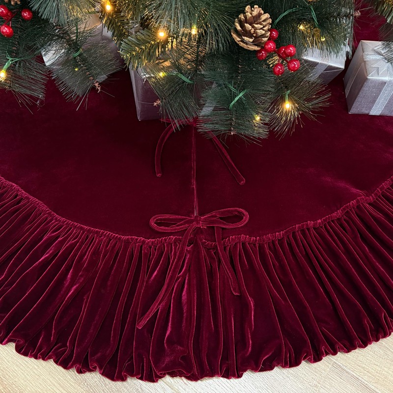 72-Inch Ruffled Velvet Christmas Tree Skirt, Thick Foam-Lined Heavy Duty