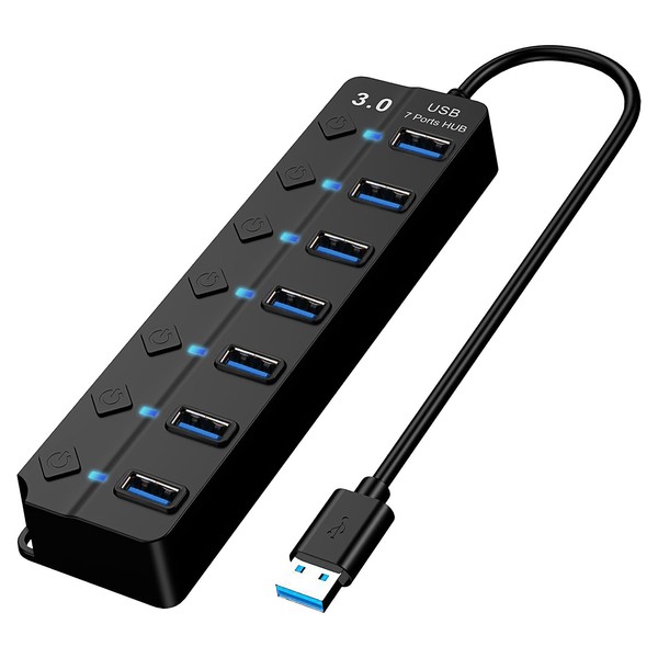 7-Port USB Hub 3.0 with Individual Switches & Lights Multiple