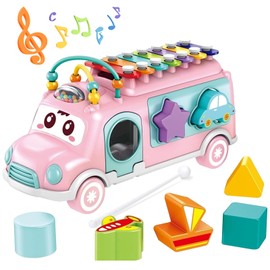 SELIYOO Juguetes de Xilófono Educativo Estimulación Temprana, Juguetes Montessori con Xilófono y Martillo, Juguetes para Martillar Multifuncional, Juguete de Autobús con Clasificador de Formas, Rosa
