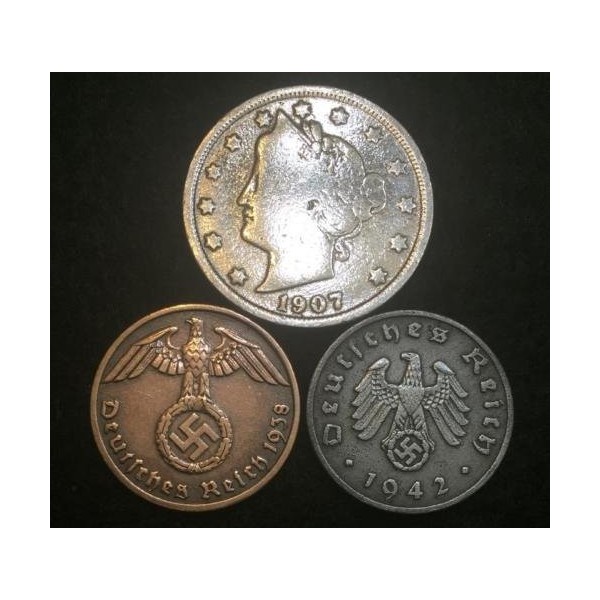 Antique Nazi Coins 3rd Reich with SWASTIKA and V Nickel