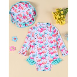 puseky Newborn Baby Girls One Piece Swimsuit Zip Rash Guard with Hat Set Long Sleeve Baby Girl Flamingos Bathing Suit 12-18 Months
