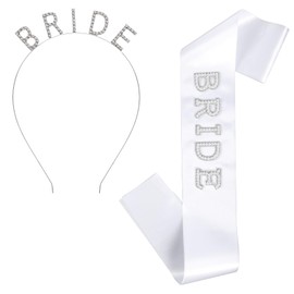 Bride Sash White Pearls Rhinestones Bride Sash with Headband Bachelor Party Sashes for Brides Shower Wedding Party