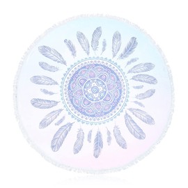 Printed Beach Towel Large Throw Blanket - Quick Dry Pool Towel Summer Fun Round Oversized, Square Cover (Round - Mandala Feather Light Blue)