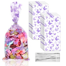 100 Pieces Butterfly Cellophane Gift Bags Plastic Butterfly Goody Bags Butterfly Treat Bags with 100 Pieces Silver Kink Ties for Butterfly Themed Baby Shower Party Dessert Decorations (Purple)