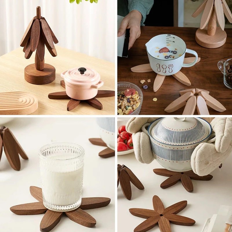 Wood Natural Tree Trivet Set, Christmas Tree Shape Trivets for