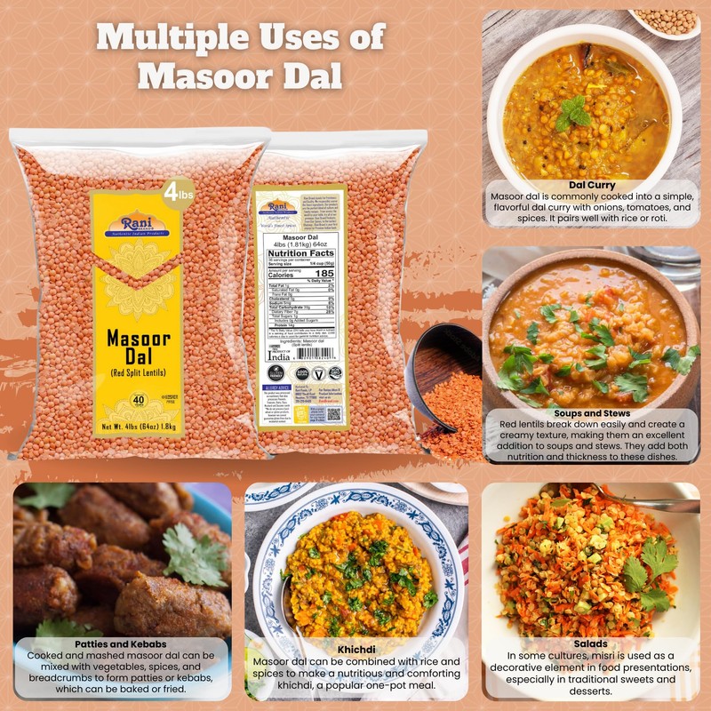 Rani Masoor Dal (Indian Red Lentils) Split Gram, 64oz (4lbs)
