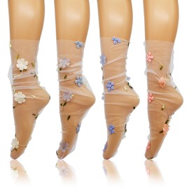 woosnscly Women Sheer Lace Socks Floral Decorated Slouch Mesh Socks See Through Transparent Tulle Socks for Girls 4 Pairs