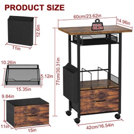 Mobile 3-Tier Printer Stand with 2-Drawer File Cabinet, 24 Extended Desktop & Lockable Wheels, Adjustable Rolling Cart for Home Office Storage (Rustic Brown)