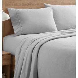 Flannel Sheets Queen Size Warm and Cozy Deep Pocket Breathable All Season Bedding Set with Fitted with Full Elastic & Built in Corner Sheet Straps, Flat and Pillowcases, Queen, Silver