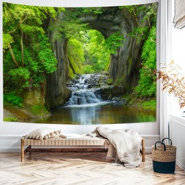 Wycian Wall Towel Cave Tapestry Landscape Forest Green Wall Hanging Waterfall Wall Tapestry Mountain Tapestry Trees Microfibre 240 x 200 cm (W x H)