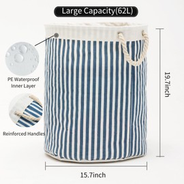 Dykoos 2-Pack Large Storage Laundry Hamper Basket 62L with Handles for Dirty Clothes Toy Organizer Bins, Waterproof, Collapsible Laundry Hamper, Classic Stripes Pattern, Navy Blue Color