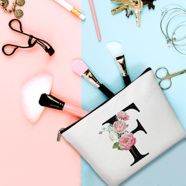 Flower Letter Makeup Bag Letter F Cosmetic Bag Alphabet Initial Makeup Bag Birthday Gifts for Women Mom Friend Bride Bridesmaid Cosmetic bag(A006)
