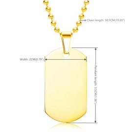 BIYONGDE Stainless Steel Gold Color Dog Tag Pendant, 20 Inches Chain Necklace, Mens Womens, Minimalist
