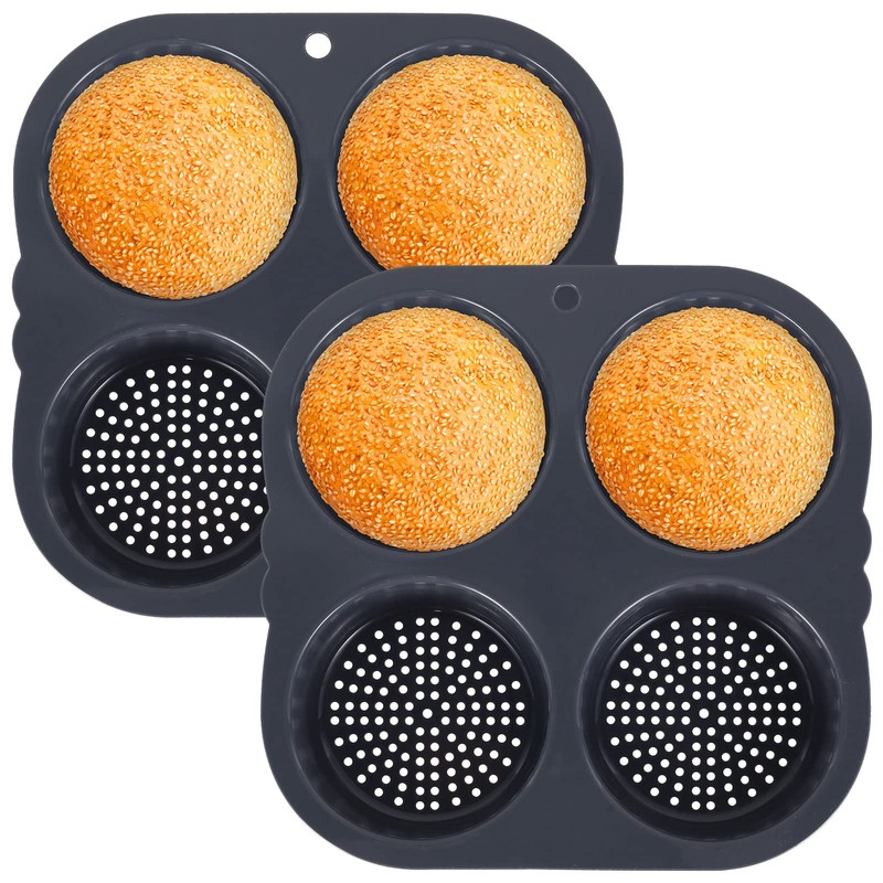 Abizarch 2Pcs Silicone Hamburger Bun Mold with 4 Cavities,Non-stick Hamburger