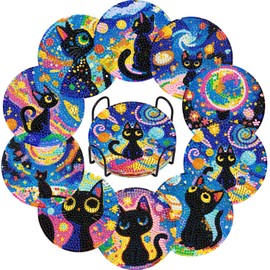 DOZEEZOP DOZEEZOP 10 PCS Diamond Art Coasters Kit, Cat Diamond Painting Coasters with Holder, Fall Diamond Art Kits for Adults Beginners, Arts and Crafts Supplies Black Astral Cat Animals