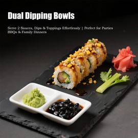 12 PCS Dual Dipping Sauce Bowls, 2-Compartment Melamine Plastic Dip Trays, Divided Sauces Dishes for Ketchup, Soy Sauce, Wasabi, BBQ, Appetizers, Perfect for Parties, Restaurants Family Gatherings