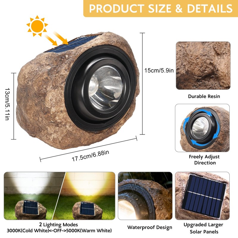 Vcdsoy Solar Powered Rock Lights Outdoor- 2 Pack Super Bright
