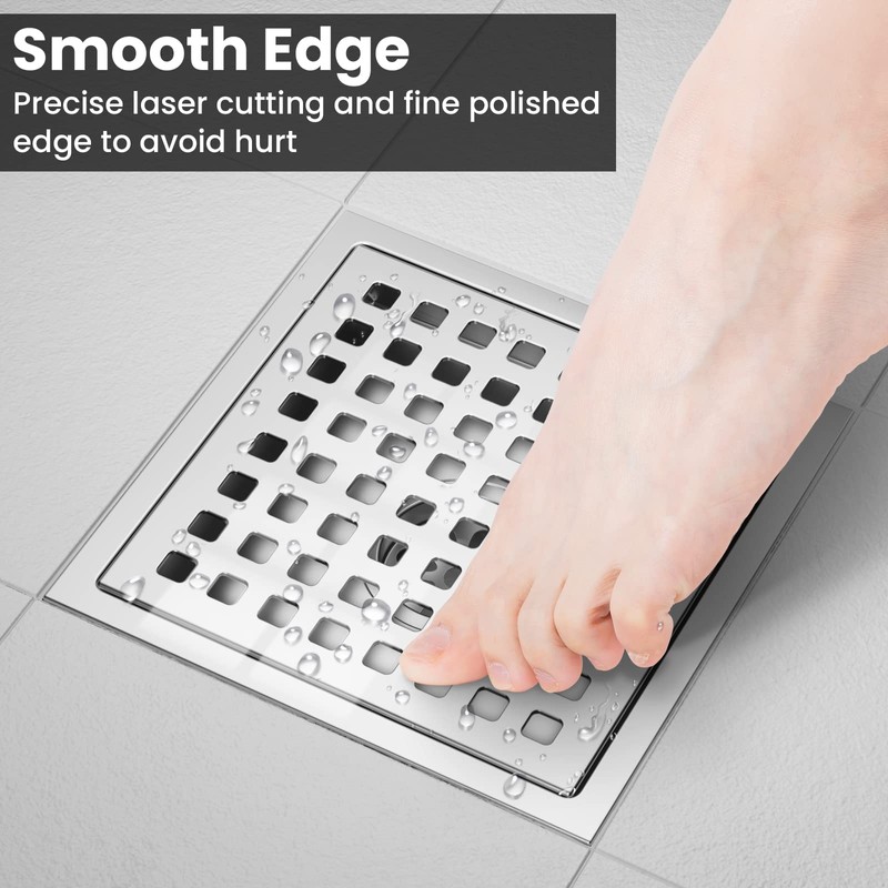 EXF 6 Inch Square Shower Drain Chrome, Stainless Steel Shower