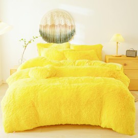 Faux Fur Fluffy Yellow Comforter Cover Twin Set – Plush Faux Fur Yellow Bedding 2-Piece Set (1 Furry Duvet Cover + 1 Shaggy Pillow Sham) Cozy Bed Set