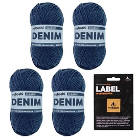myboshi Denim, Vegan Denim Yarn, Recycled Cotton for Crochet and Knitting, 50% Recycled Denim, 50% Cotton (Organic), Label, 50 g, Ll 135 m Dark Blue (Classic), 4 Balls