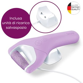 Beurer MP 59 Levigatore per Talloni, Raspa per Calli elettrica con Funzione Wet&Dry e Batteria Ricaricabile, inclusi 2 accessori a grana grossa e fine, 2 livelli di velocità, con unità di ricarica