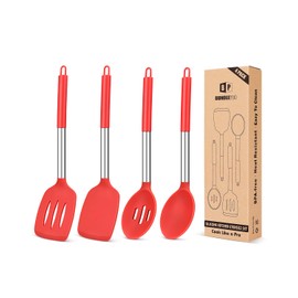 Pack of 4 Silicone Cooking Utensils Set, Non Stick Large Solid Spatulas, Heat Resistant Slotted Spoons, Ideal BPA Free Kitchen Turners for Frying, Mixing,Serving,Draining,Turning,Stirring (RED)