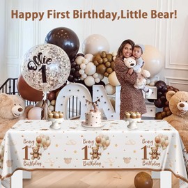 Heboland Pack of 2 Tablecloths for Birthday Decoration 1 Year, 137 x 274 cm Teddy Bear Tablecloth for Decoration 1st Birthday Boy