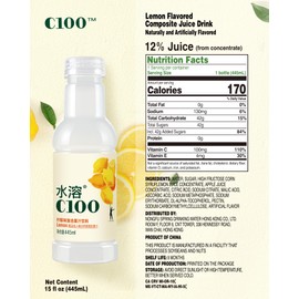 C100 Lemon Flavored Composite Juice Drink，100mg Vitamin C Per Bottle, 12% Real Fruit Juice, -15 fl oz, 445mL, 15 Pack