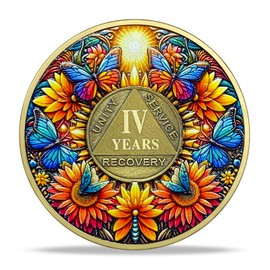 4 Year Sobriety Coin Gifts Set | Sunflower & Butterfly Design AA Chip Medallion with Coin Capsule, Display Stand & Card | Sobriety Gifts for Anniversary Month & Year for Men & Women in Recovery