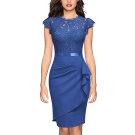 Miusol Women's Elegant Floral Lace Ruffle Design Cap Sleeve Cocktail Party Dress (Small, Blue)