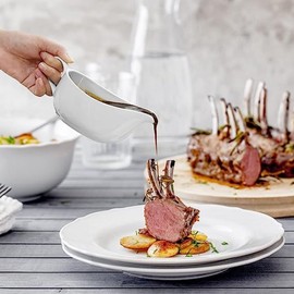 Qlans Gravy Boat With Ladle and Saucer 17 Oz,Ceramic Sauce Boat with Tray for Salad Dressings Milk,Warming Sauces,Creamer,Broth,Black Pepper,White (1 PCS New Gravy Boat With Ladle and Saucer)