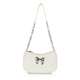 AfitLulu Women's Shoulder Bag PU Leather Half Moon Bag with Leather Chain Shoulder Strap and Bow Pattern, Crossbody Bag Women's Elegant Shoulder Bag for Daily Activities, White