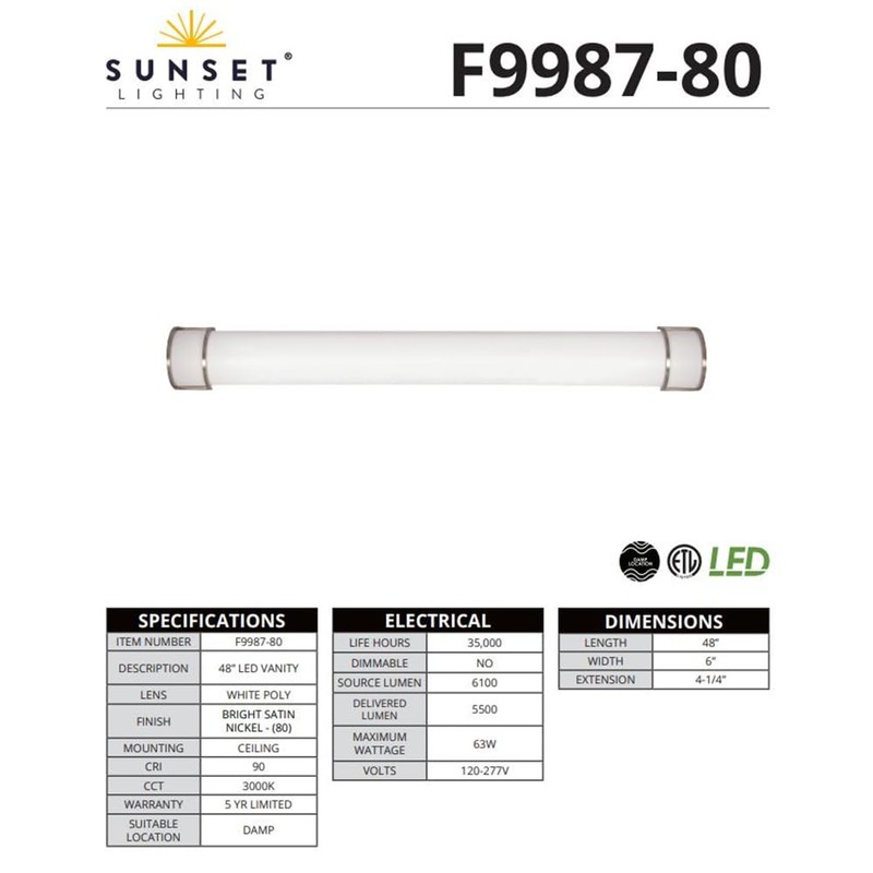 Sunset Lighting LED 48" Vanity 63W 3000K 5500Lm Bright Satin