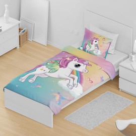 DJDEA Unicorn Cot Bed Duvet Cover Set 120x150cm, Toddler Bedding Set Rainbow Background for Girls Children Duvet Cover Set Microfiber Quilt Cover Matching Pillowcase 40x60cm
