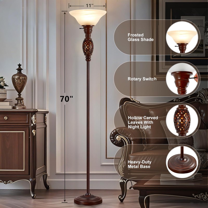 70" Torchiere Floor Lamp with NightLight - Victorian Style Standing