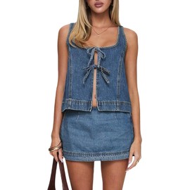 Denim Vest And Skirt Set Women 2 Piece Jean Outfits Sleeveless Tie Front Tank Top And Mini Skirt Going Out Clothes (A-Blue, M)